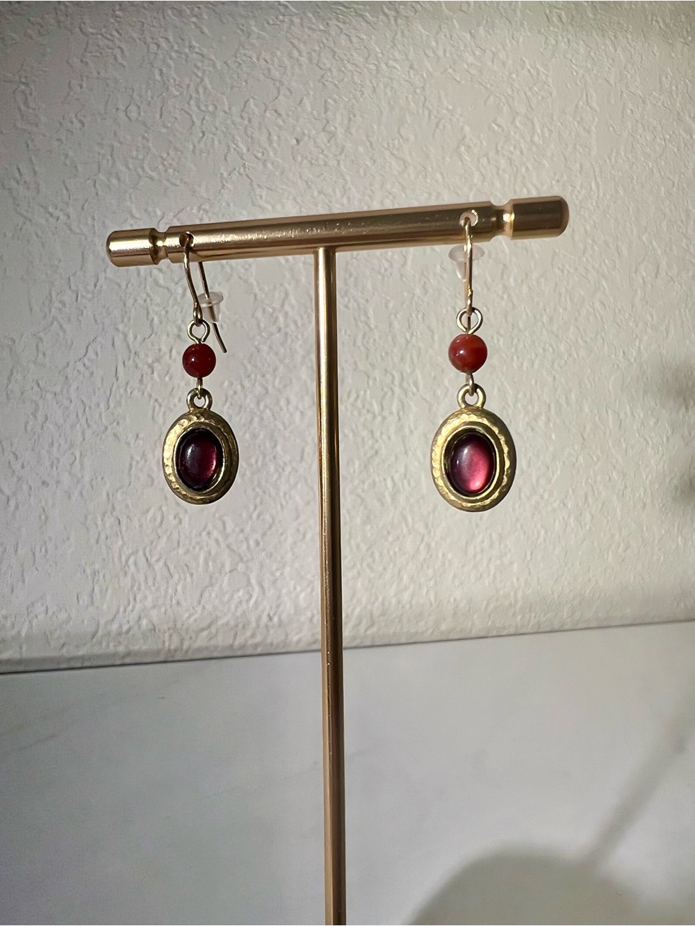 Vintage Monet Gold-Tone Red Gem Drop Earrings
